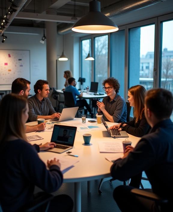 Teamet til Blåklokke Broadcast i et kreativt redaksjonsmøte.