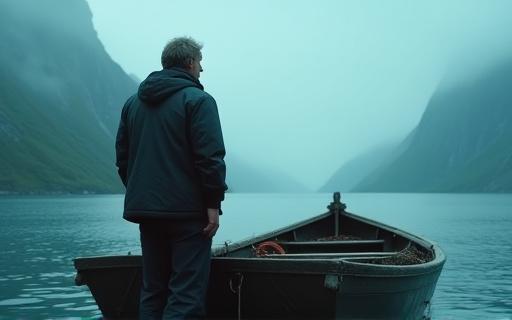 Scene fra dokumentaren Fjordens Voktere med en fisker på en båt.